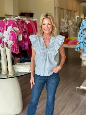 MNfw23 dusty blue leather ruffle top