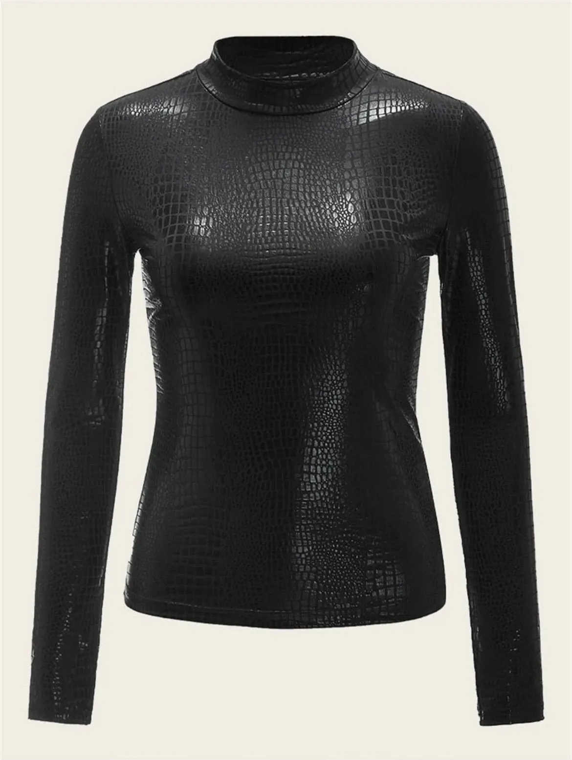 Mock Neck Crocodile Pattern Tee