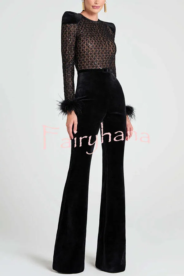 Monique Fish Scale Lace Sequin Velvet Patchwork Feather Trim Belted Stretch Flare Jumpsuit