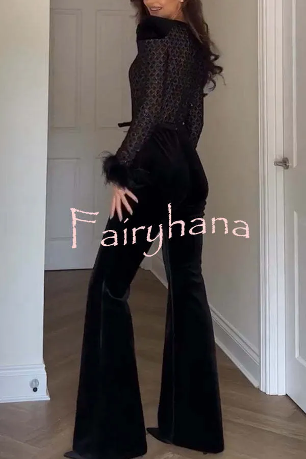 Monique Fish Scale Lace Sequin Velvet Patchwork Feather Trim Belted Stretch Flare Jumpsuit