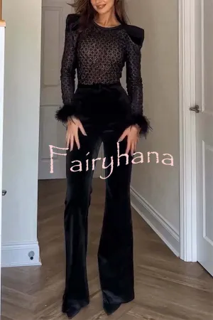 Monique Fish Scale Lace Sequin Velvet Patchwork Feather Trim Belted Stretch Flare Jumpsuit