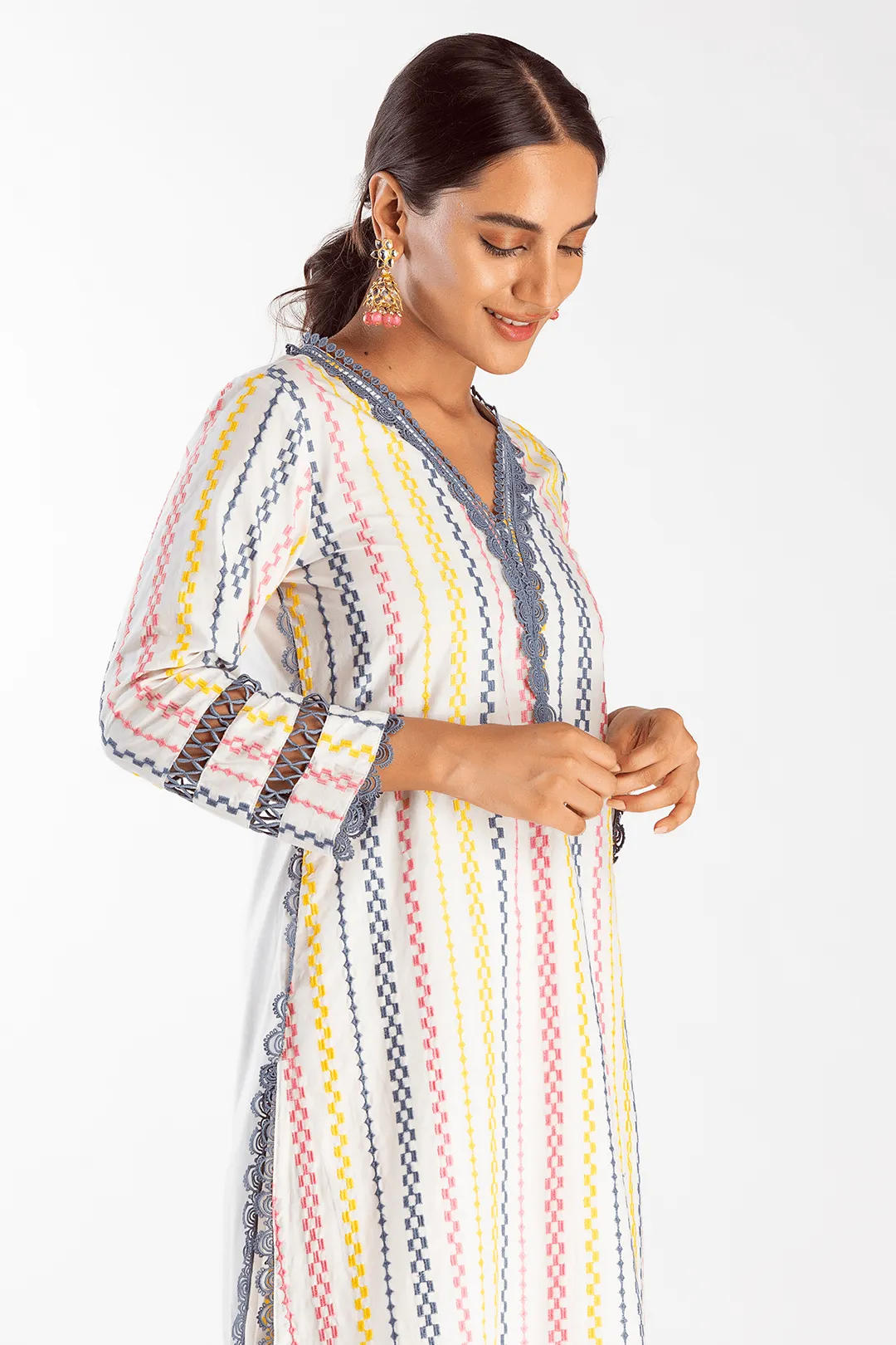 Mulmul Cotton Eva White Kurta With Eva White Pant