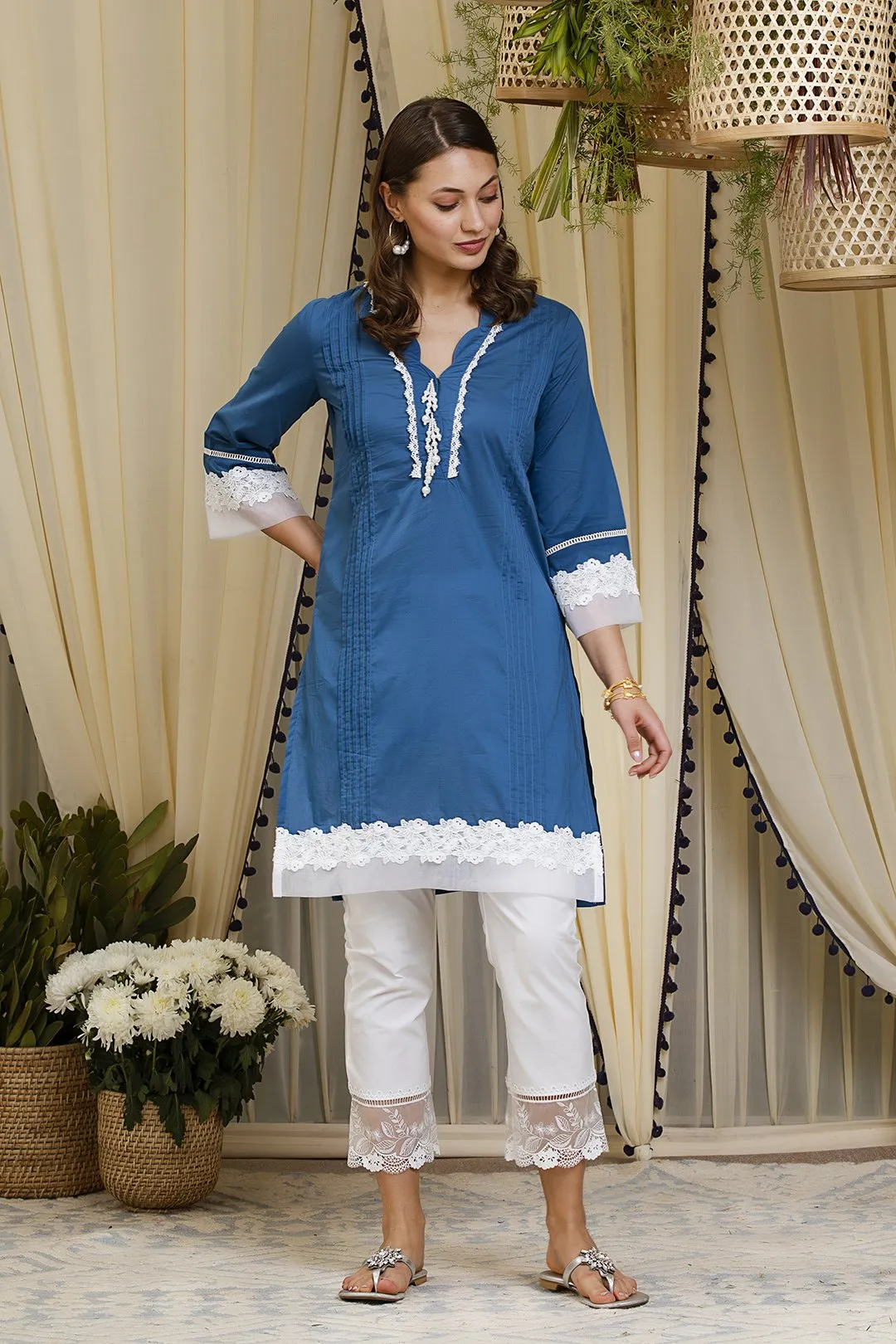 Mulmul Cotton Orchid  Kurta With Embroidered  Organza pyajamas