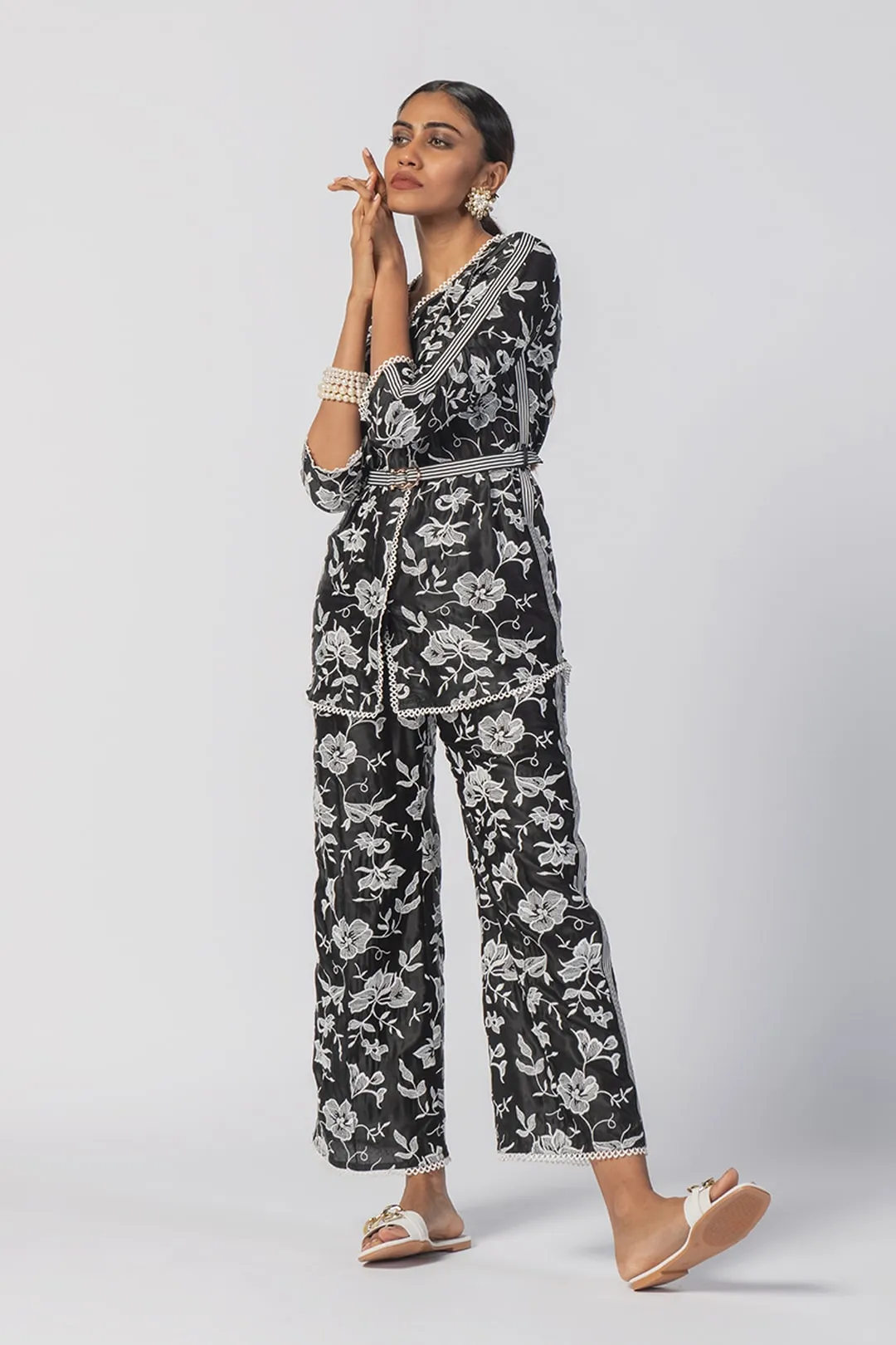 Mulmul Cupro Caroline Black Top With Caroline Black Pant Co-Ord Set