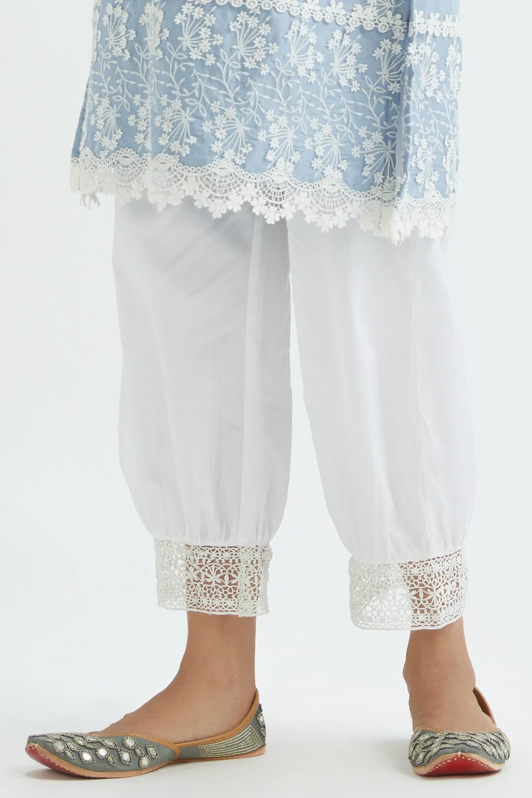 Mulmul Supima satin Celo Blue Kurta With Lax Blue Harem Pant