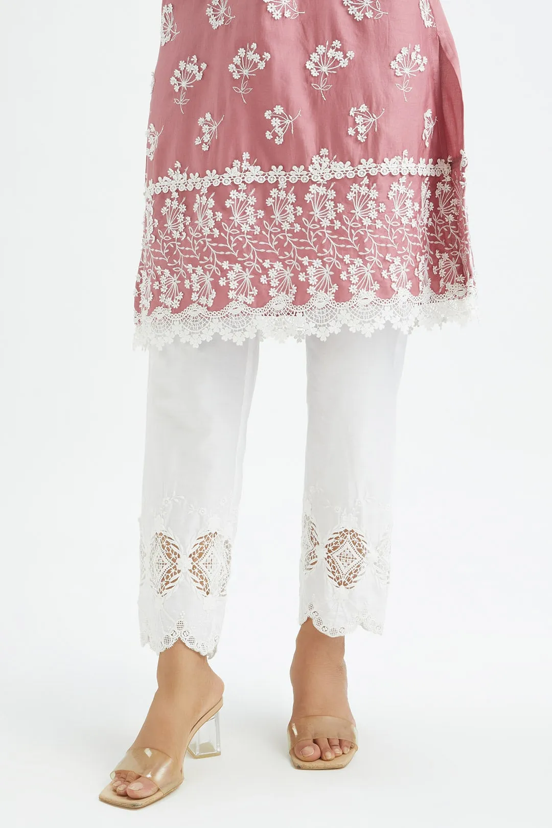 Mulmul Supima satin Celo Mauve Kurta With Applique Embroidered Pant