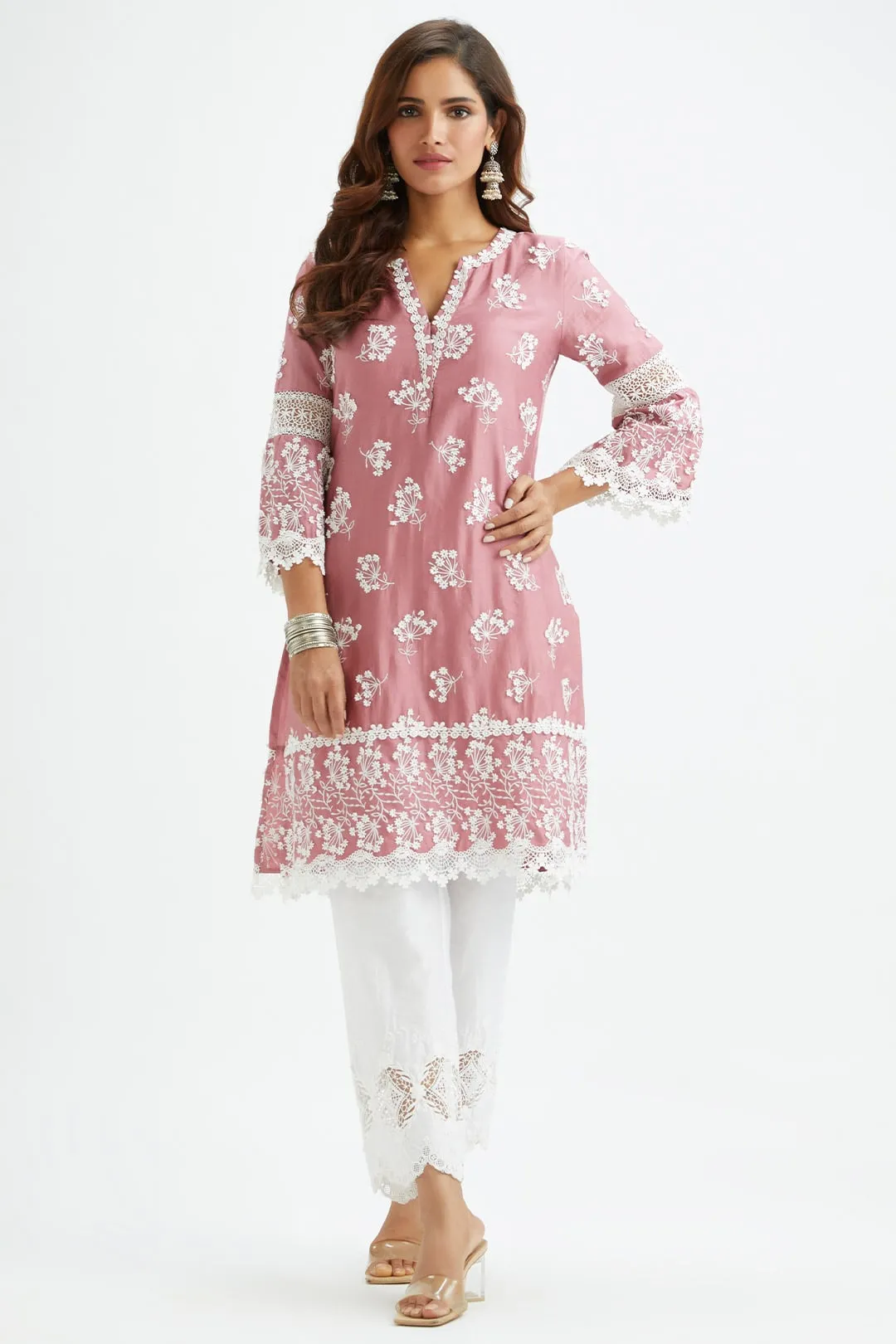 Mulmul Supima satin Celo Mauve Kurta With Applique Embroidered Pant