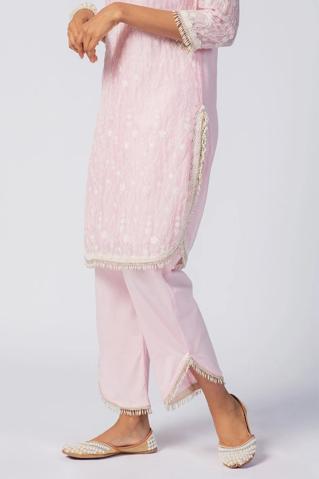 Mulmul Tencel Luxe Organza Freya Pink Kurta With Supima Cotton freya Round Hem Pink Pant