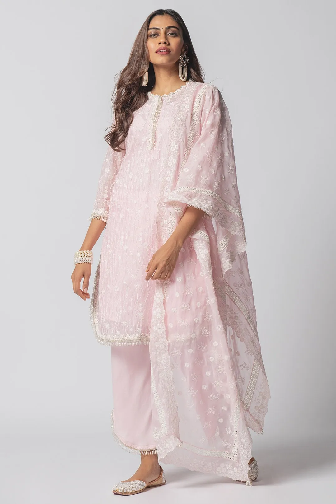 Mulmul Tencel Luxe Organza Freya Pink Kurta With Supima Cotton freya Round Hem Pink Pant