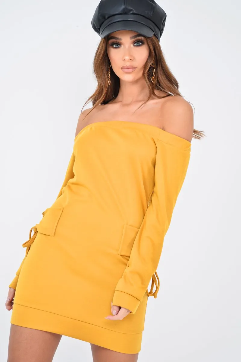 Mustard Lace Up detail Bardot Jumper Dress - Aarna