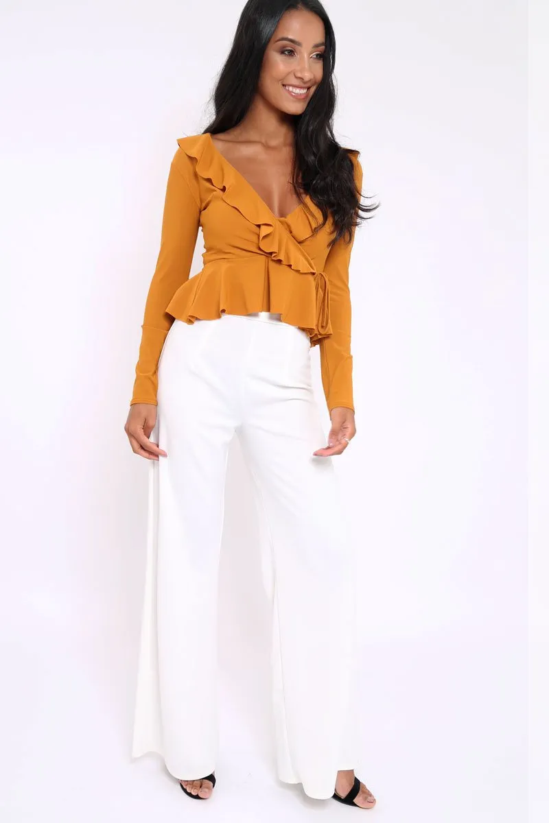 Mustard Plunge Frill Wrap Tie Front Top - Rebecca
