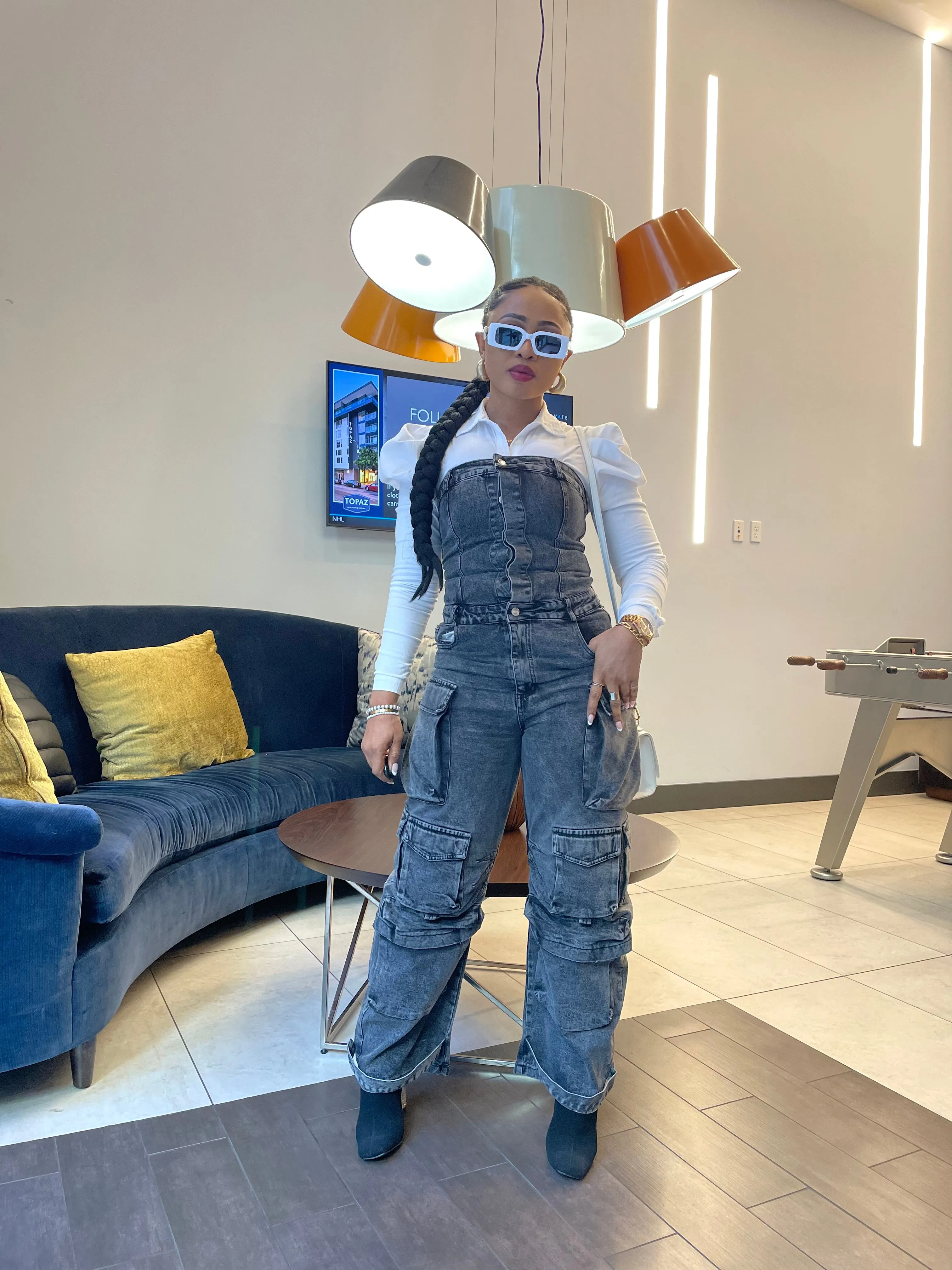 Nancy Strapless Cargo Denim Jumpsuit (BLACK)