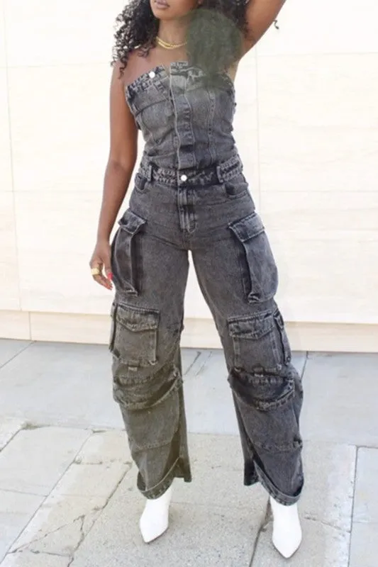 Nancy Strapless Cargo Denim Jumpsuit (BLACK)