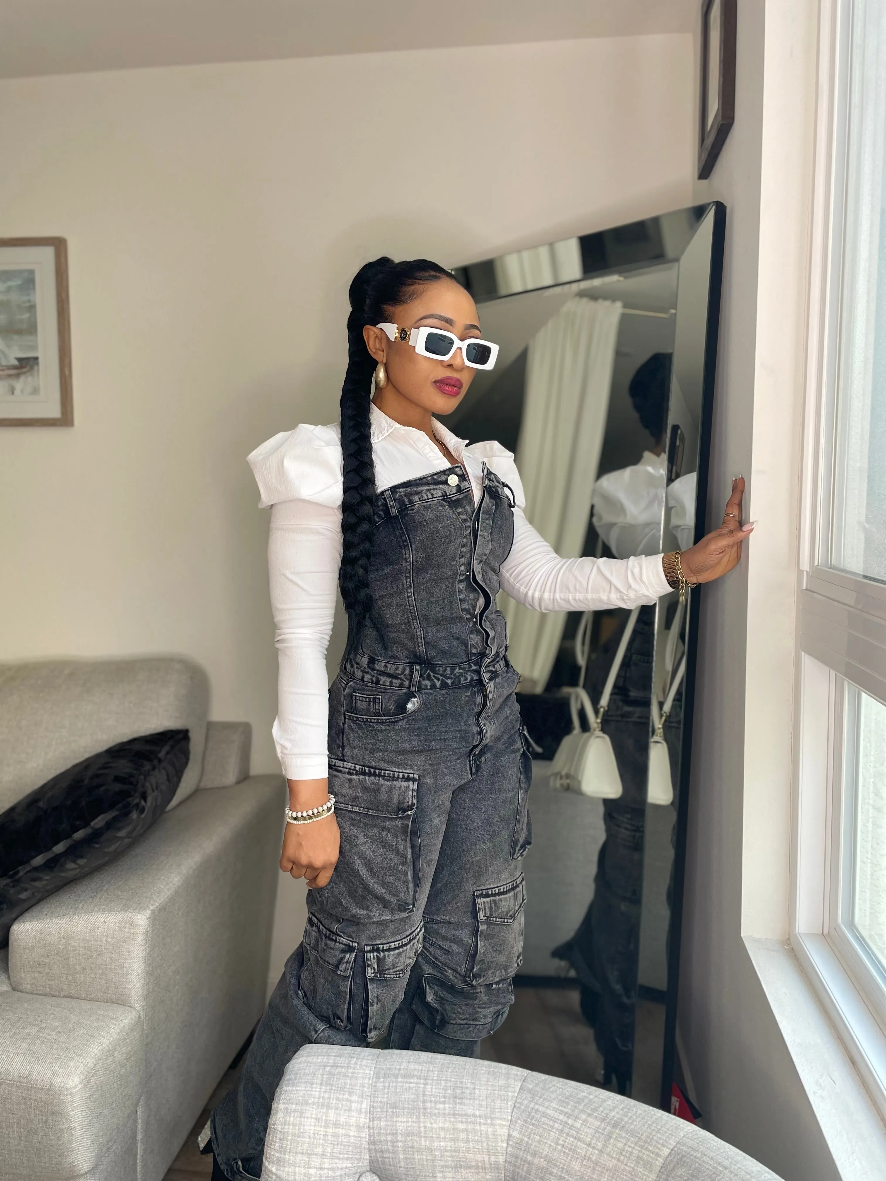 Nancy Strapless Cargo Denim Jumpsuit (BLACK)