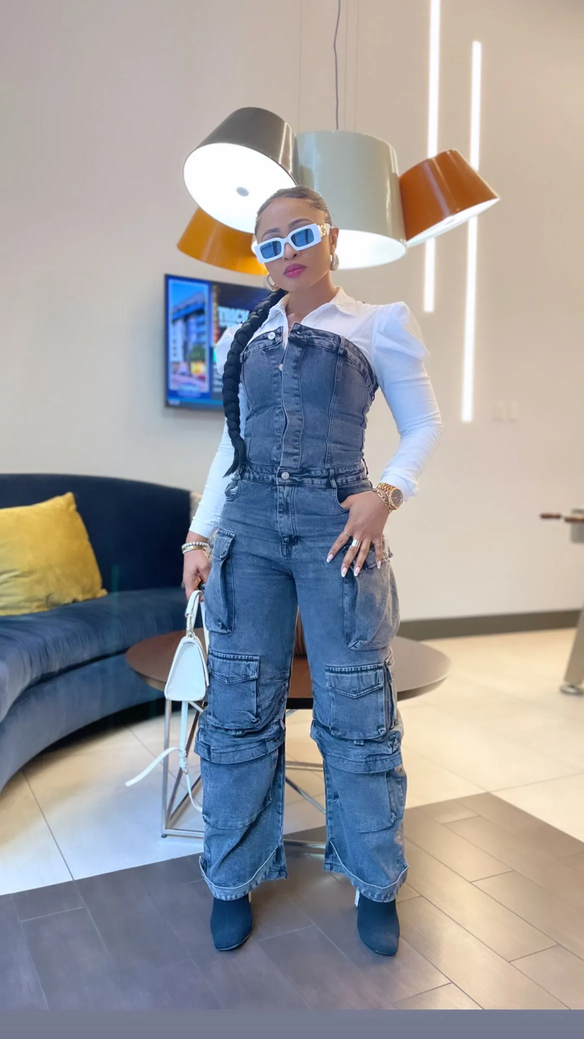 Nancy Strapless Cargo Denim Jumpsuit (BLACK)