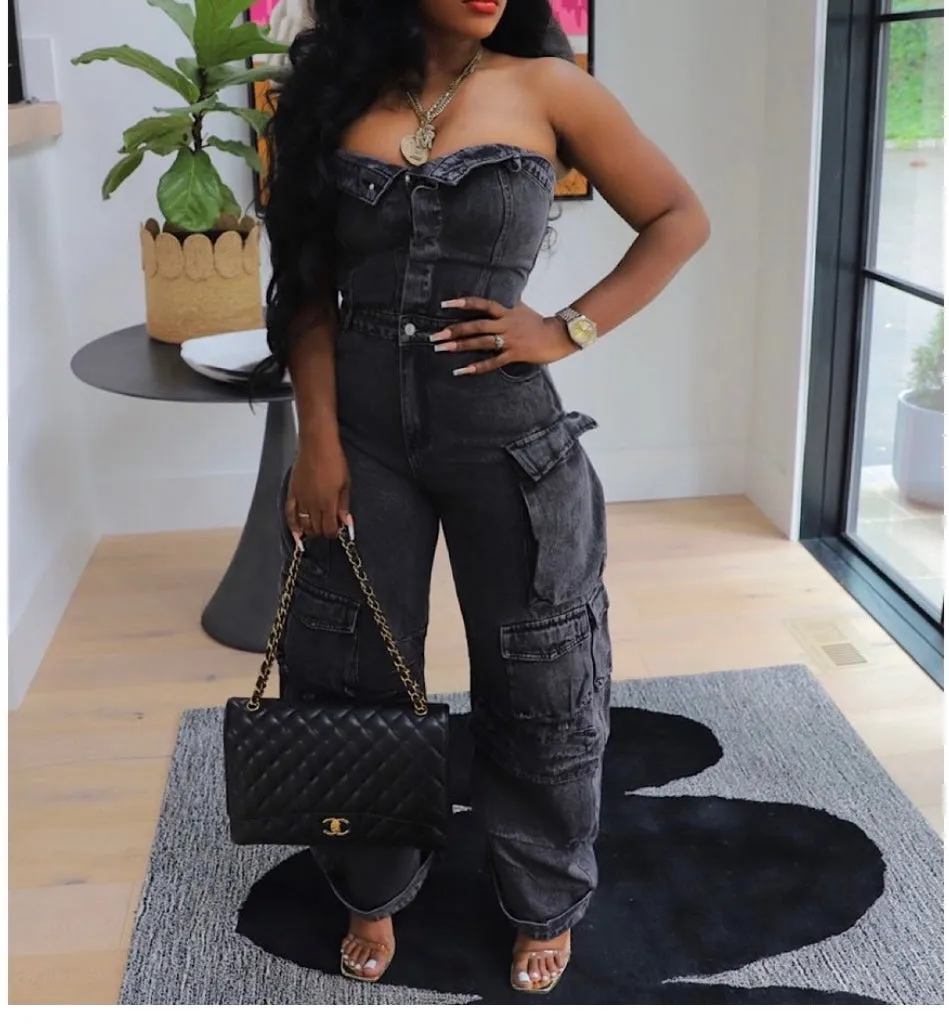 Nancy Strapless Cargo Denim Jumpsuit (BLACK)