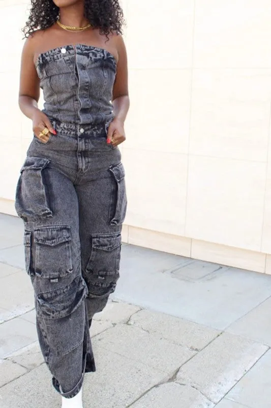 Nancy Strapless Cargo Denim Jumpsuit (BLACK)