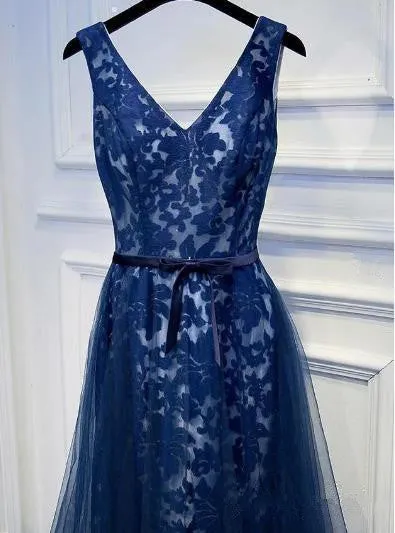 Navy Blue Lace Long V-neckline Prom Dress, A-line Party Dress