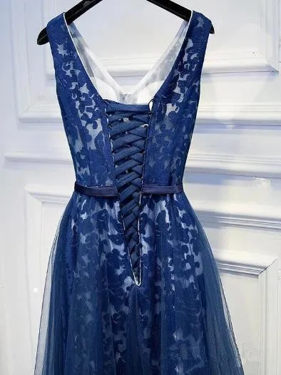 Navy Blue Lace Long V-neckline Prom Dress, A-line Party Dress