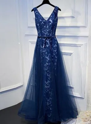 Navy Blue Lace Long V-neckline Prom Dress, A-line Party Dress