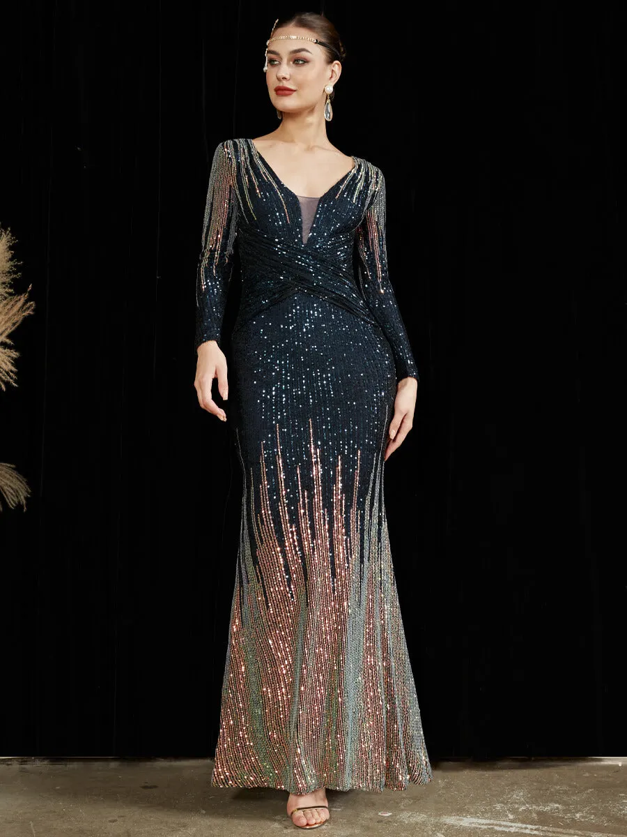 Navy Blue Sequin Long Sleeve V-Neck Floor Length Formal Gown For Party