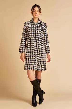 Navy Houndstooth Front Open Tweed Dress / Jacket