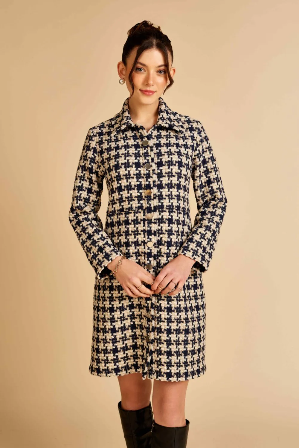 Navy Houndstooth Front Open Tweed Dress / Jacket