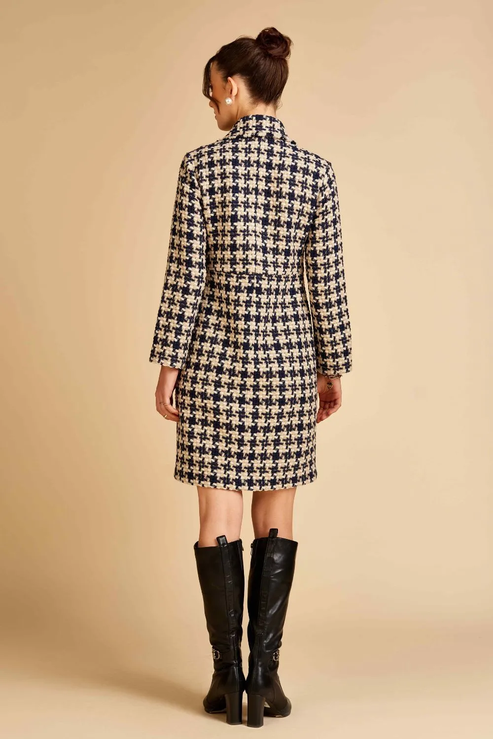 Navy Houndstooth Front Open Tweed Dress / Jacket