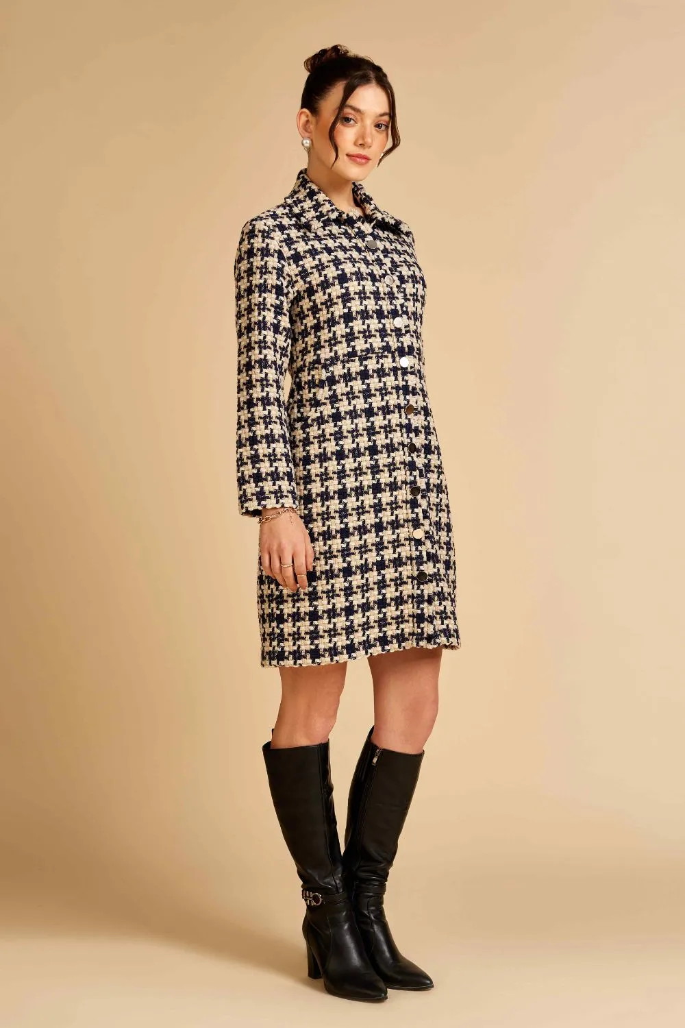 Navy Houndstooth Front Open Tweed Dress / Jacket