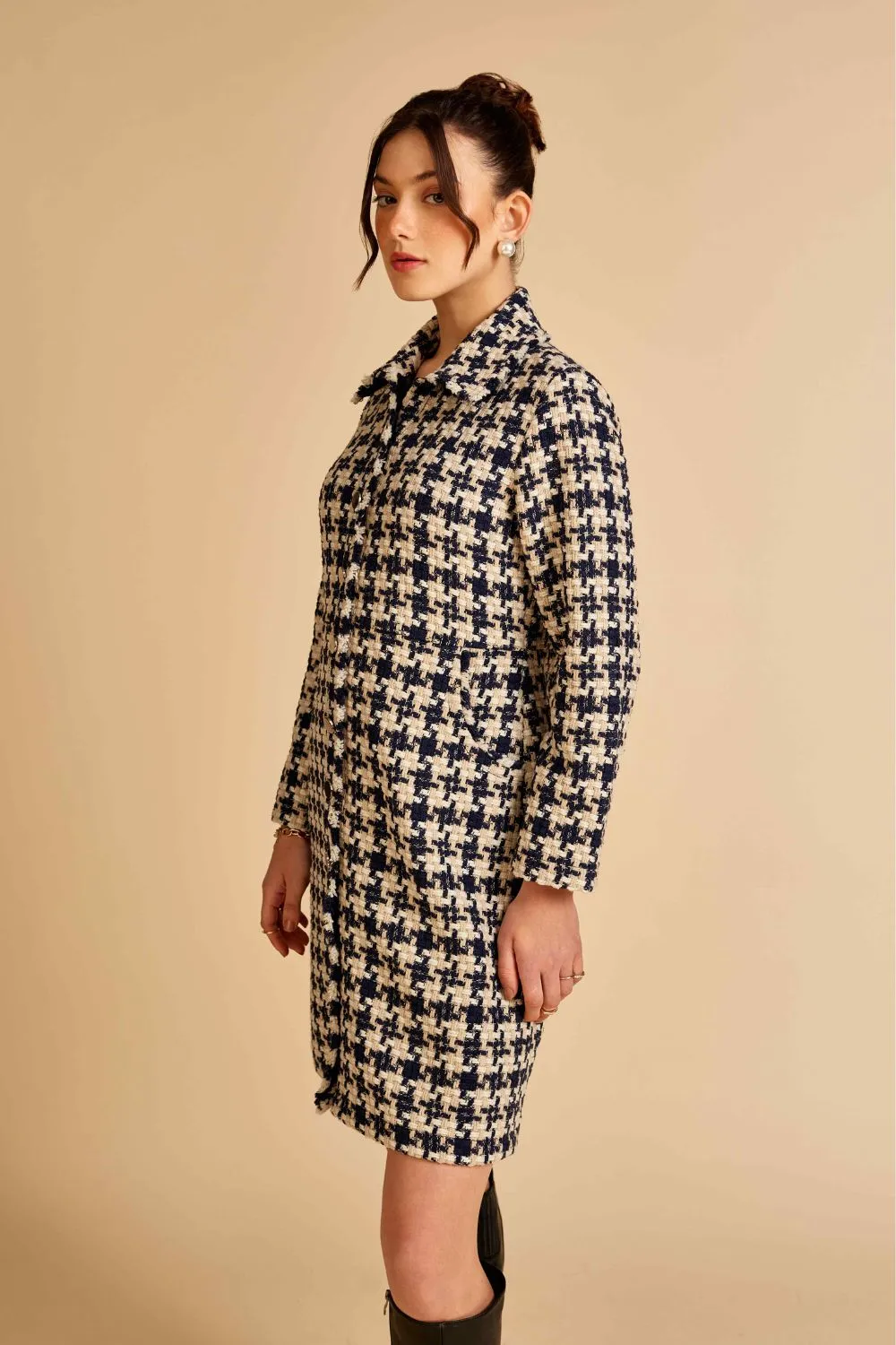 Navy Houndstooth Front Open Tweed Dress / Jacket