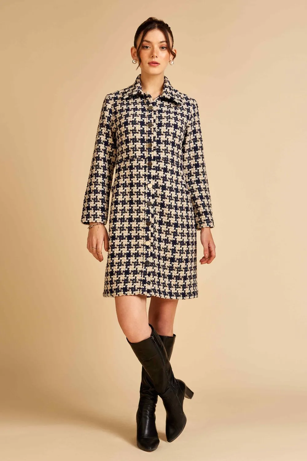 Navy Houndstooth Front Open Tweed Dress / Jacket