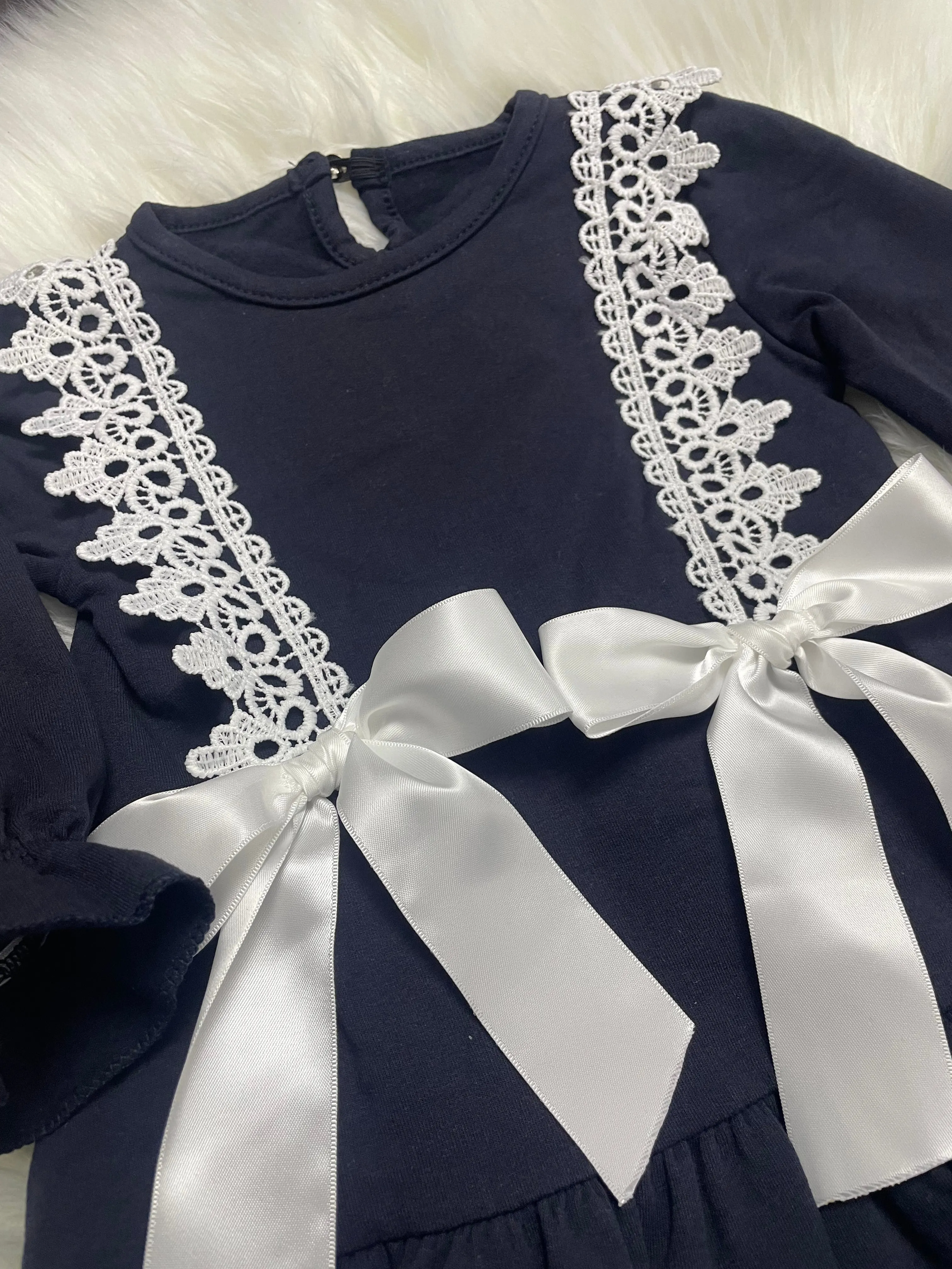 Navy Long Sleeved Bows Dress