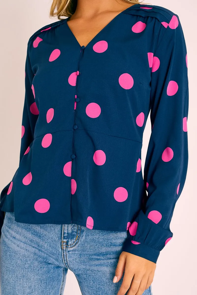 Navy Pink Polka Dot Button Up Plunge Neck Blouse - Penny