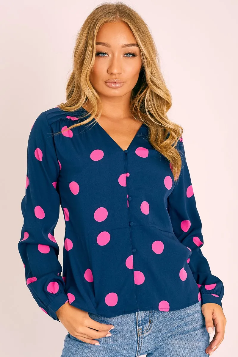 Navy Pink Polka Dot Button Up Plunge Neck Blouse - Penny