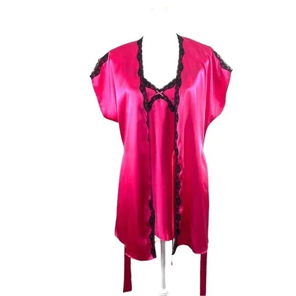 NEW Ambrielle satin lace 3 psc pajama set robe, chemise cami top and thongs Sz L