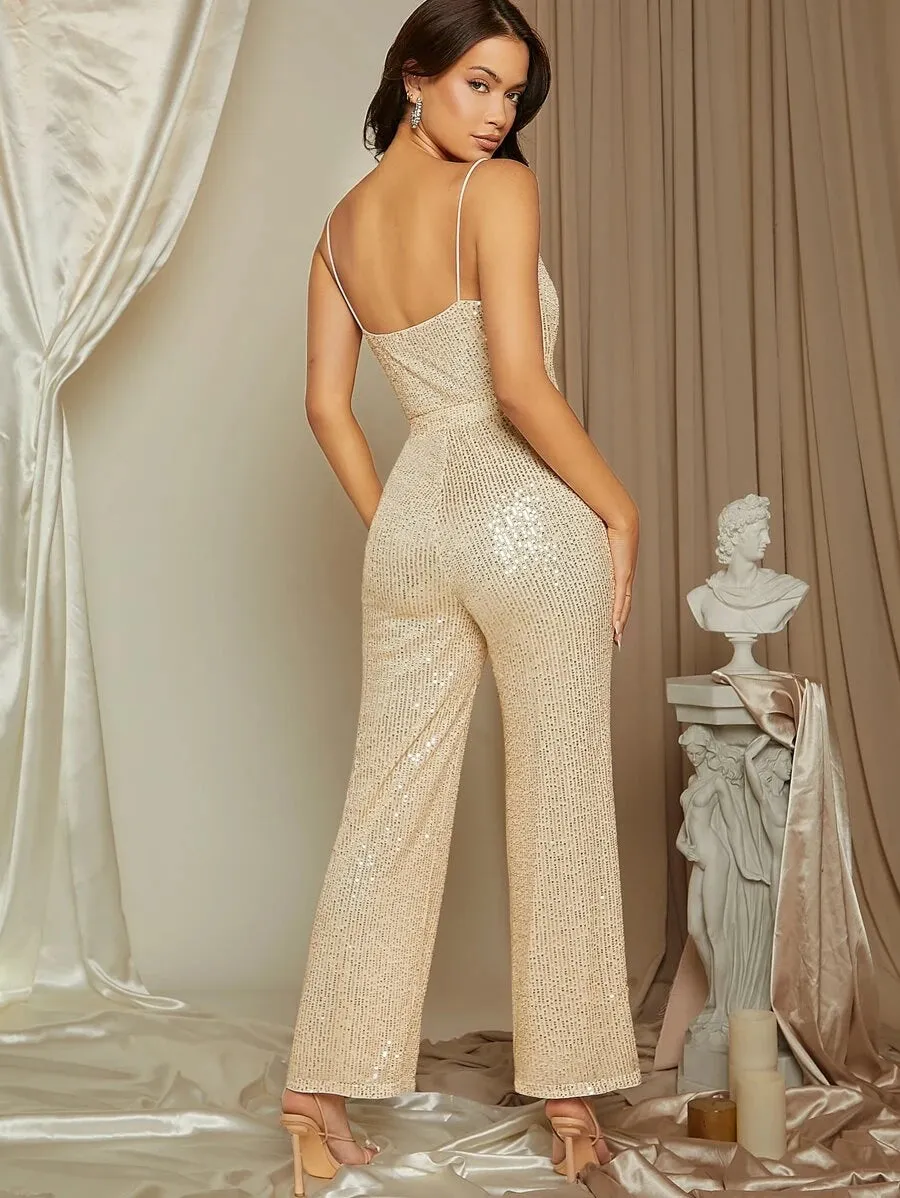 New SHEIN Belle Draped Collar Sequin Cami Jumpsuit, Sz L