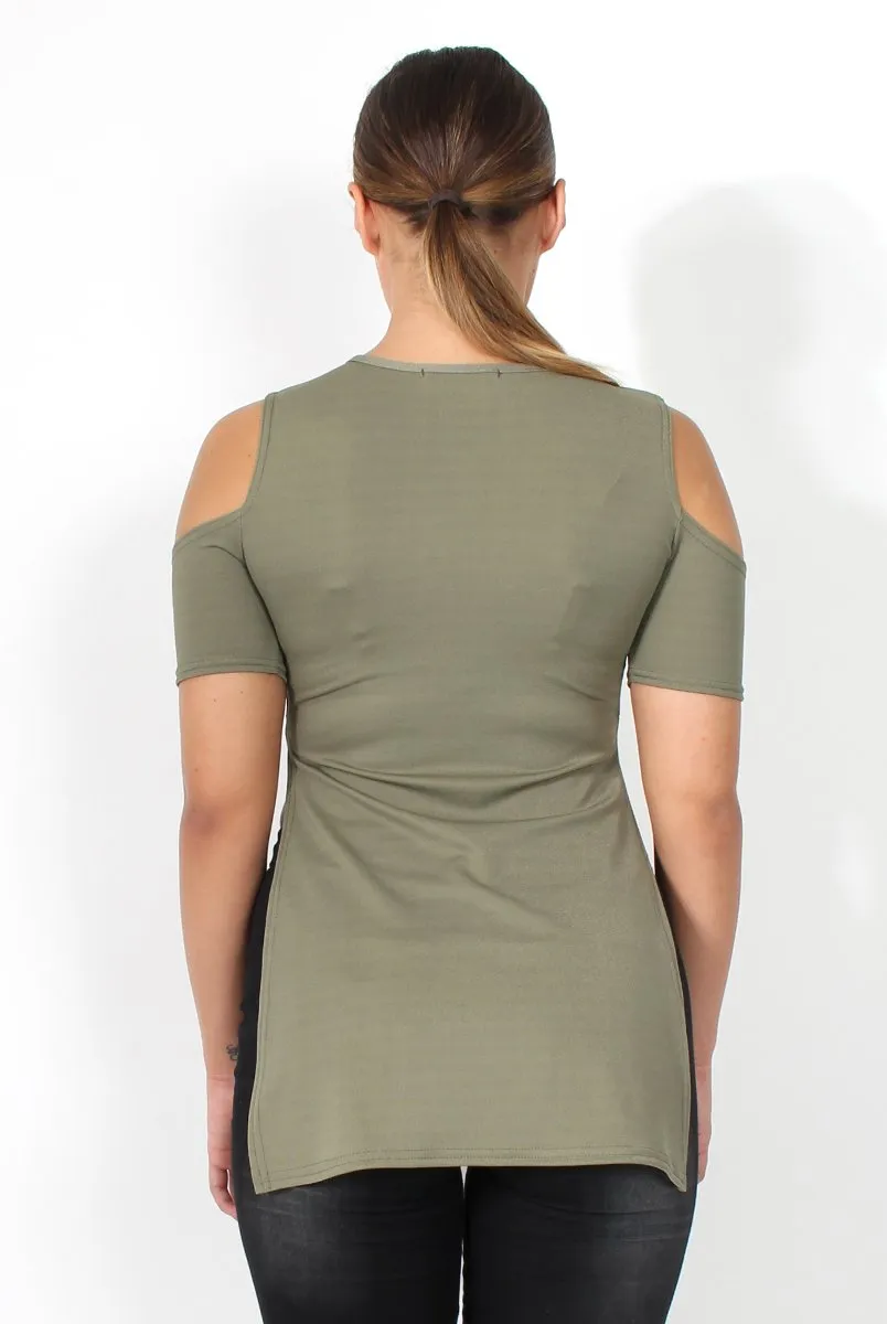 Nieve Khaki Cut Out Shoulder Side Split Top