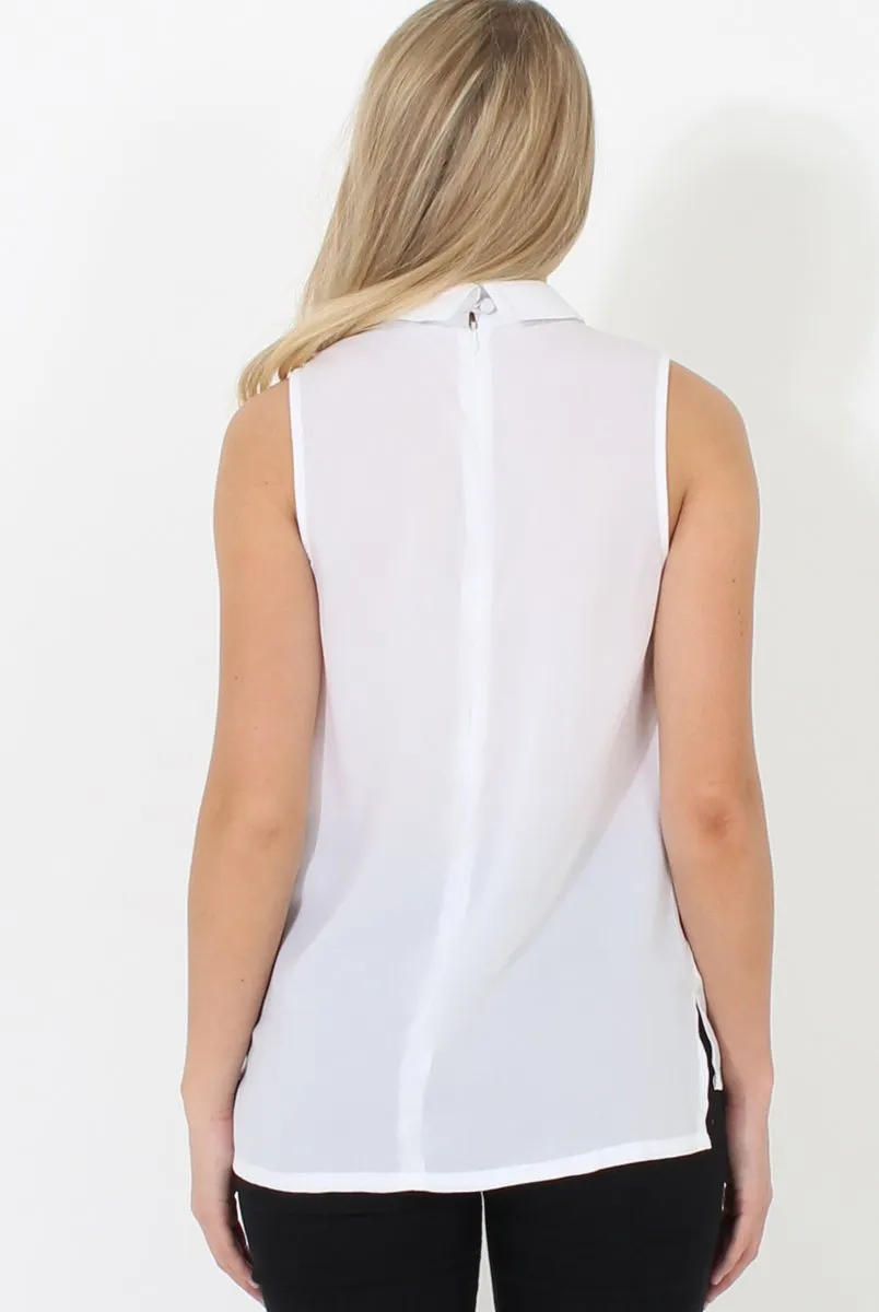 Nina White High Neck V Front Top