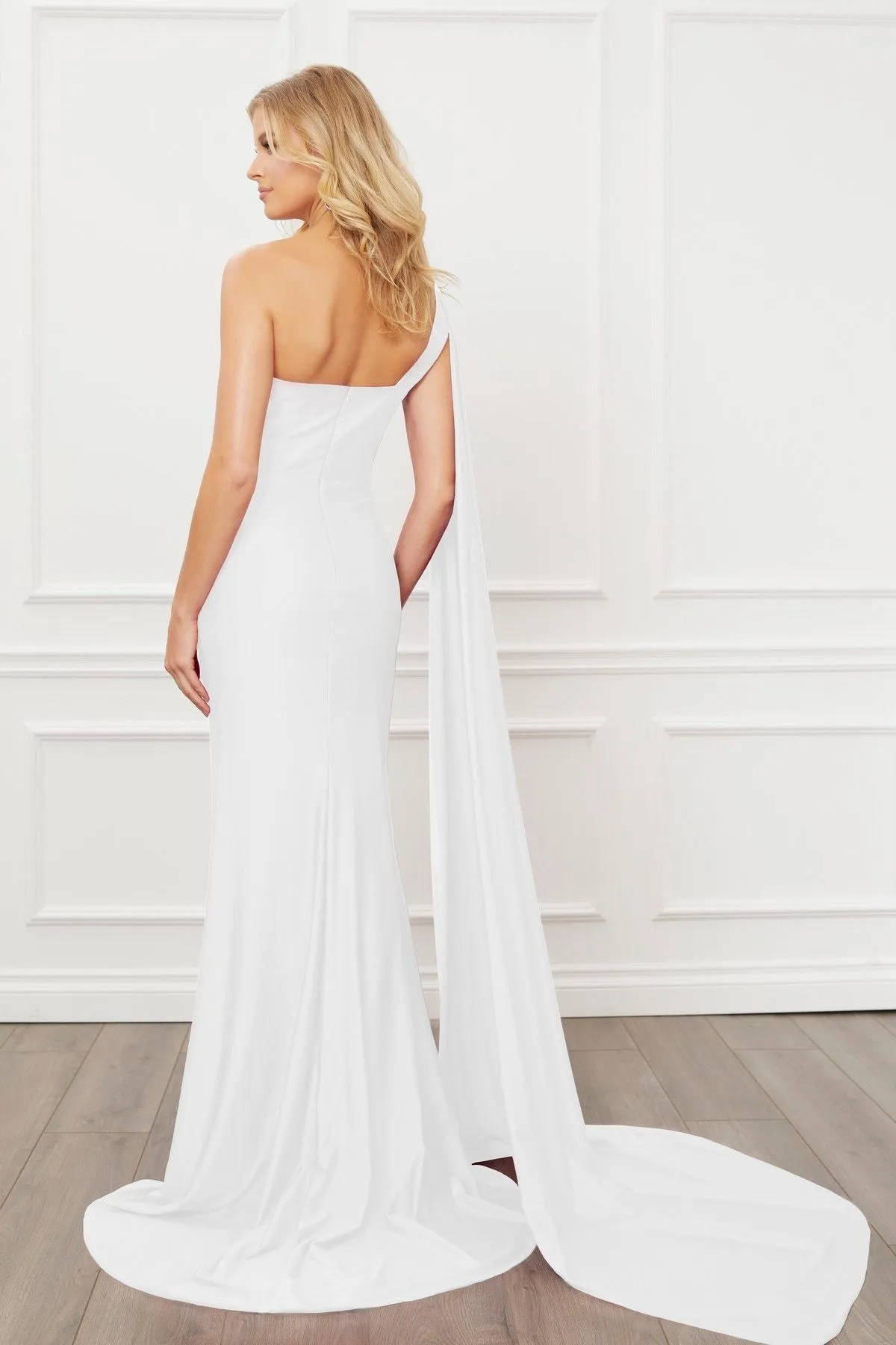 Nox Anabel E475 Long One Shoulder Drape Sleeve Sheath Gown