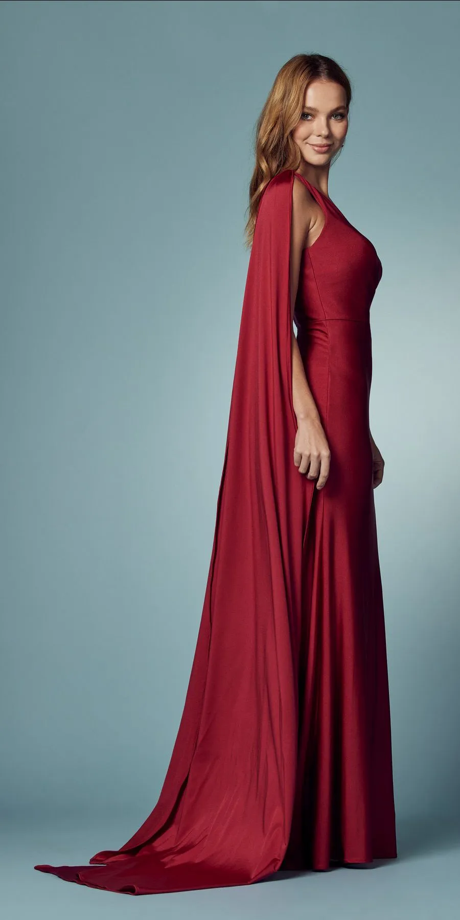 Nox Anabel E475 Long One Shoulder Drape Sleeve Sheath Gown