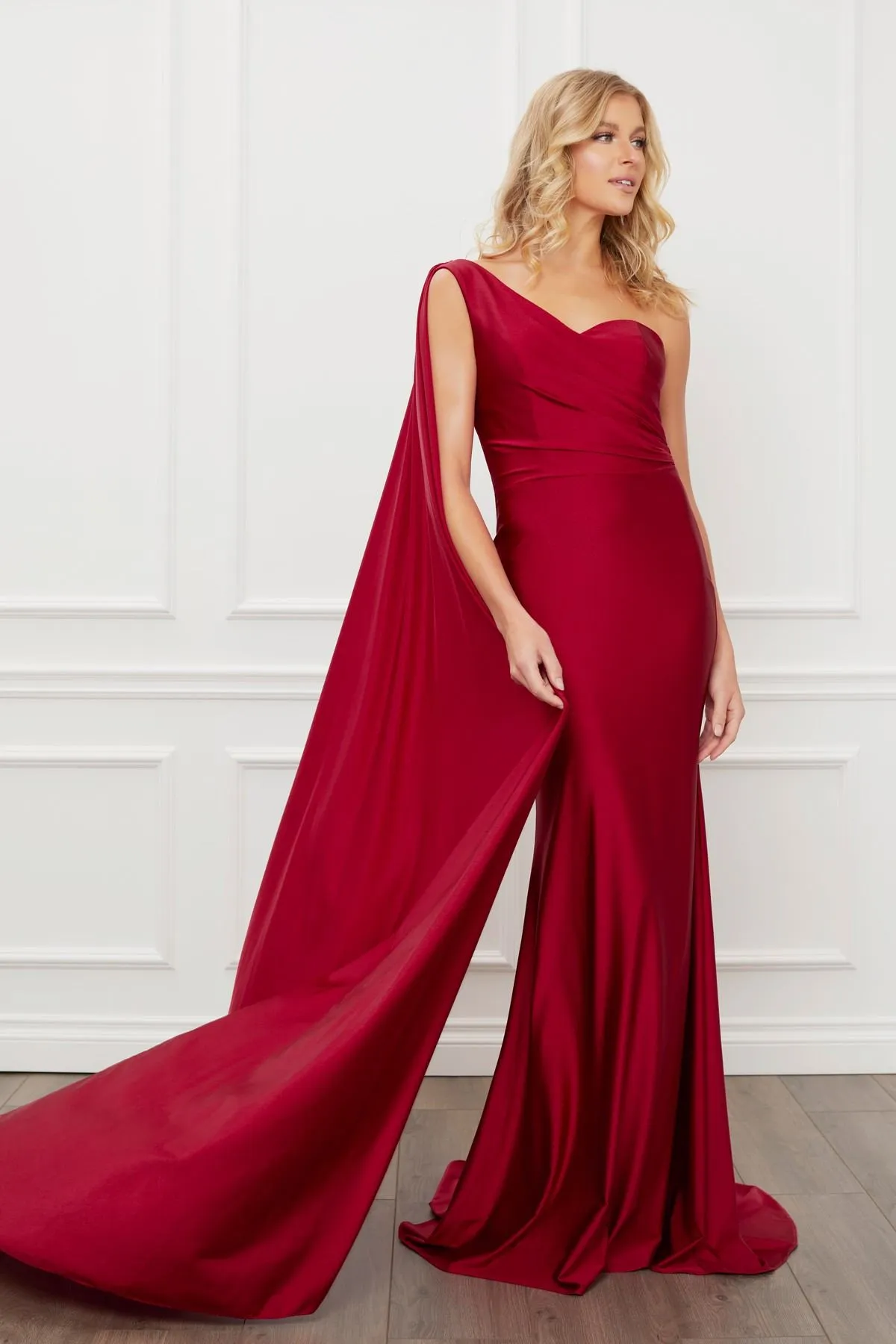 Nox Anabel E475 Long One Shoulder Drape Sleeve Sheath Gown