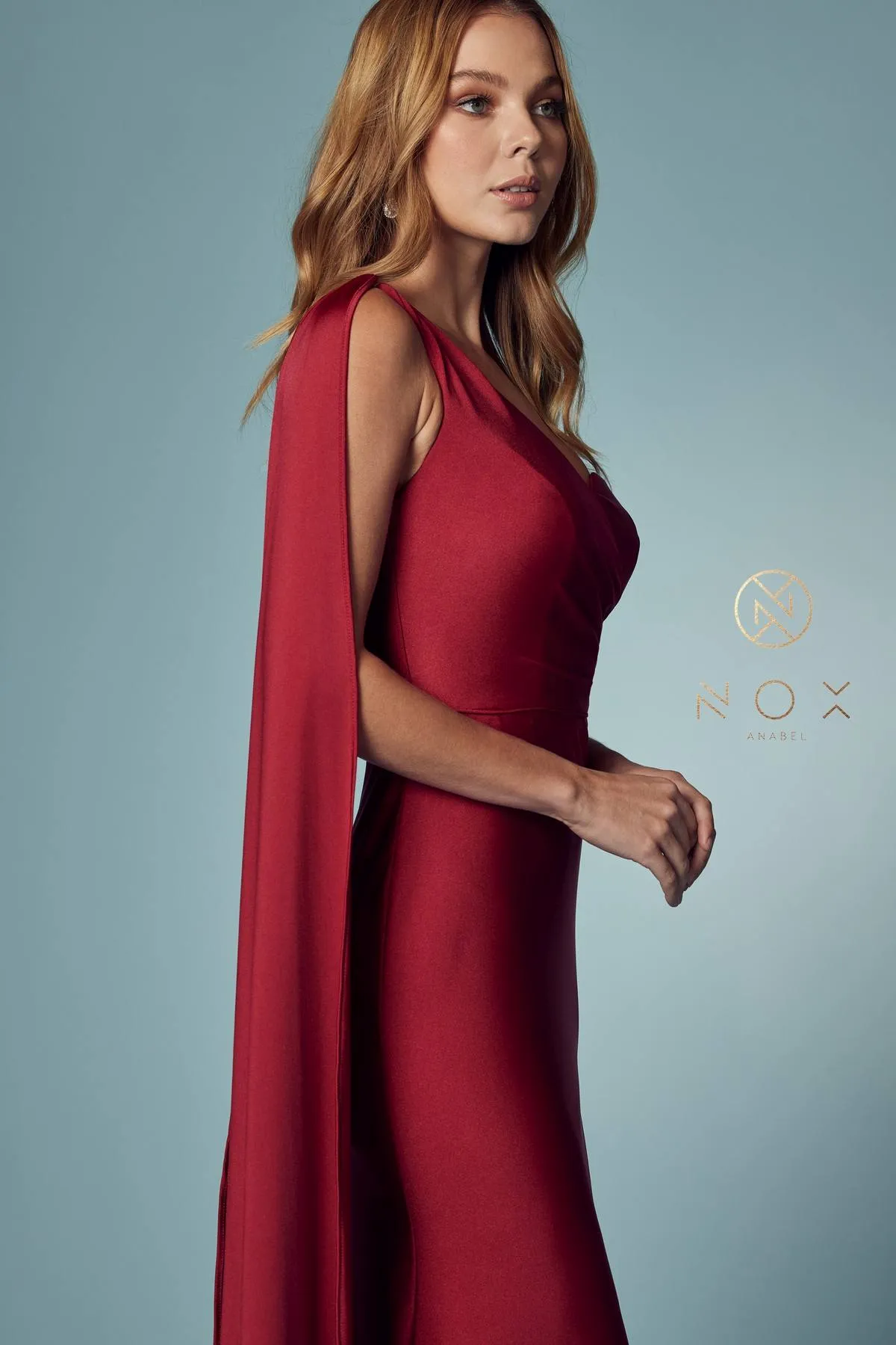 Nox Anabel E475 Long One Shoulder Drape Sleeve Sheath Gown