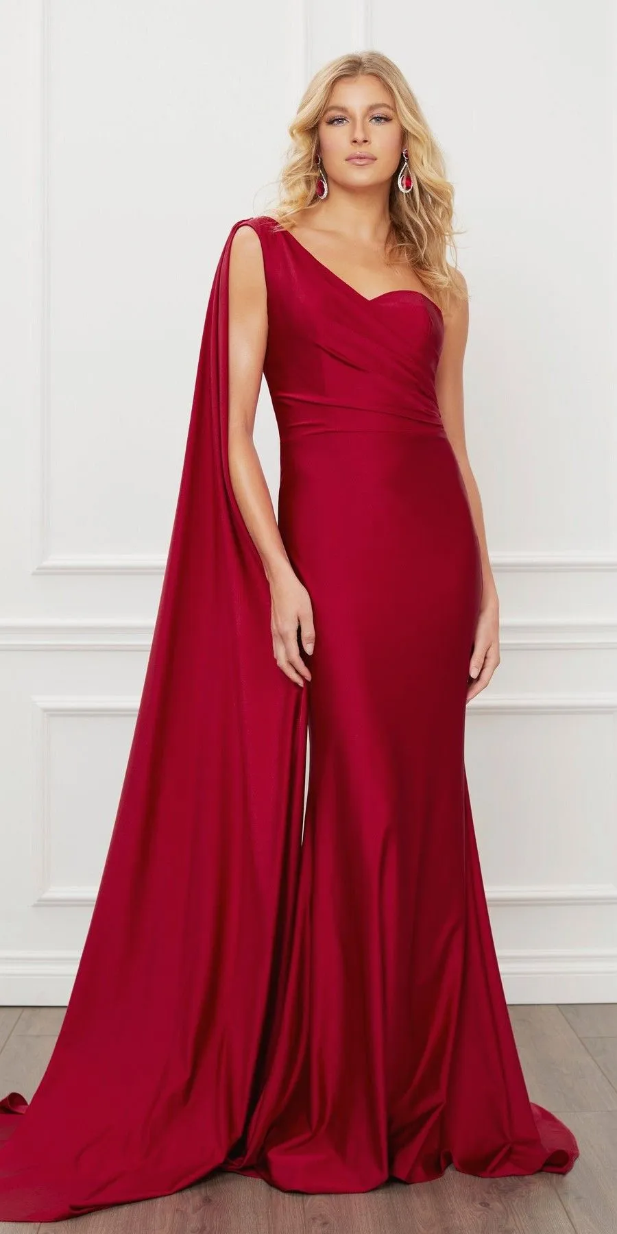 Nox Anabel E475 Long One Shoulder Drape Sleeve Sheath Gown