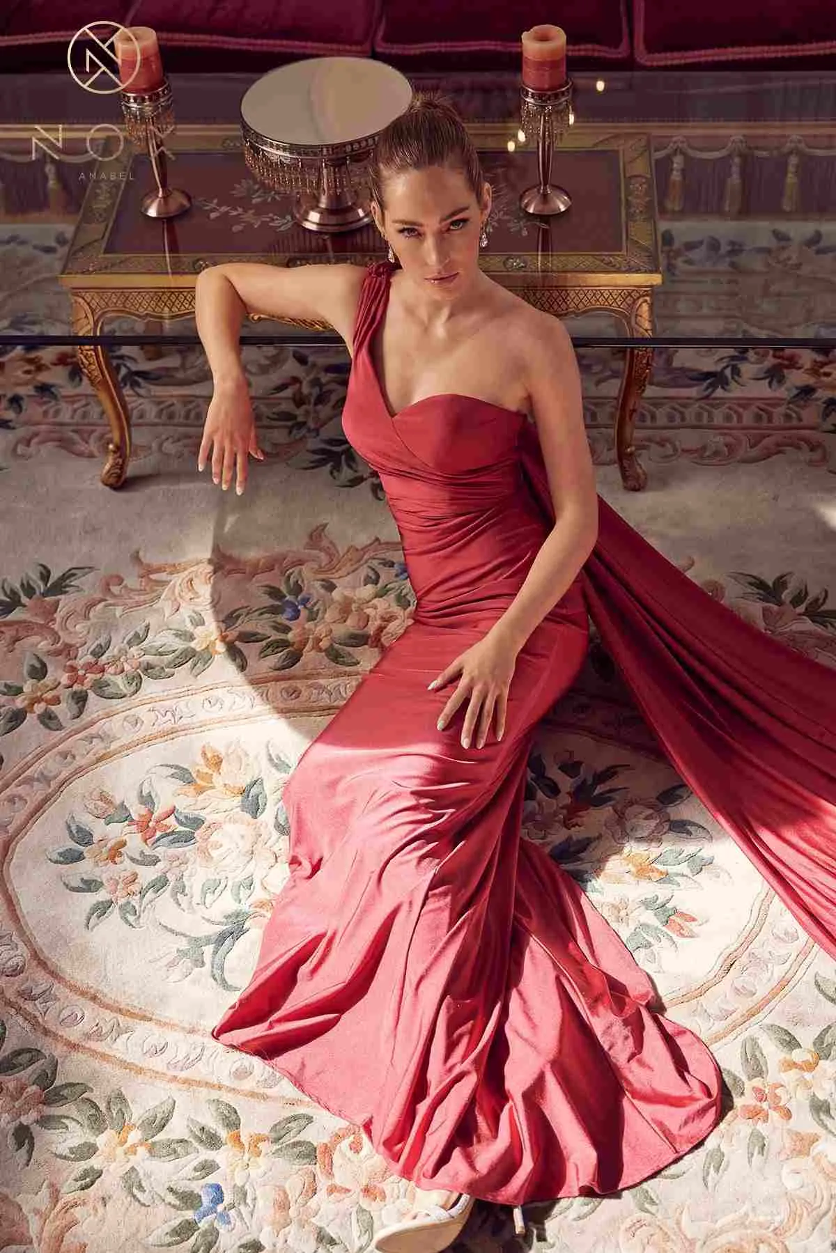 Nox Anabel E475 Long One Shoulder Drape Sleeve Sheath Gown
