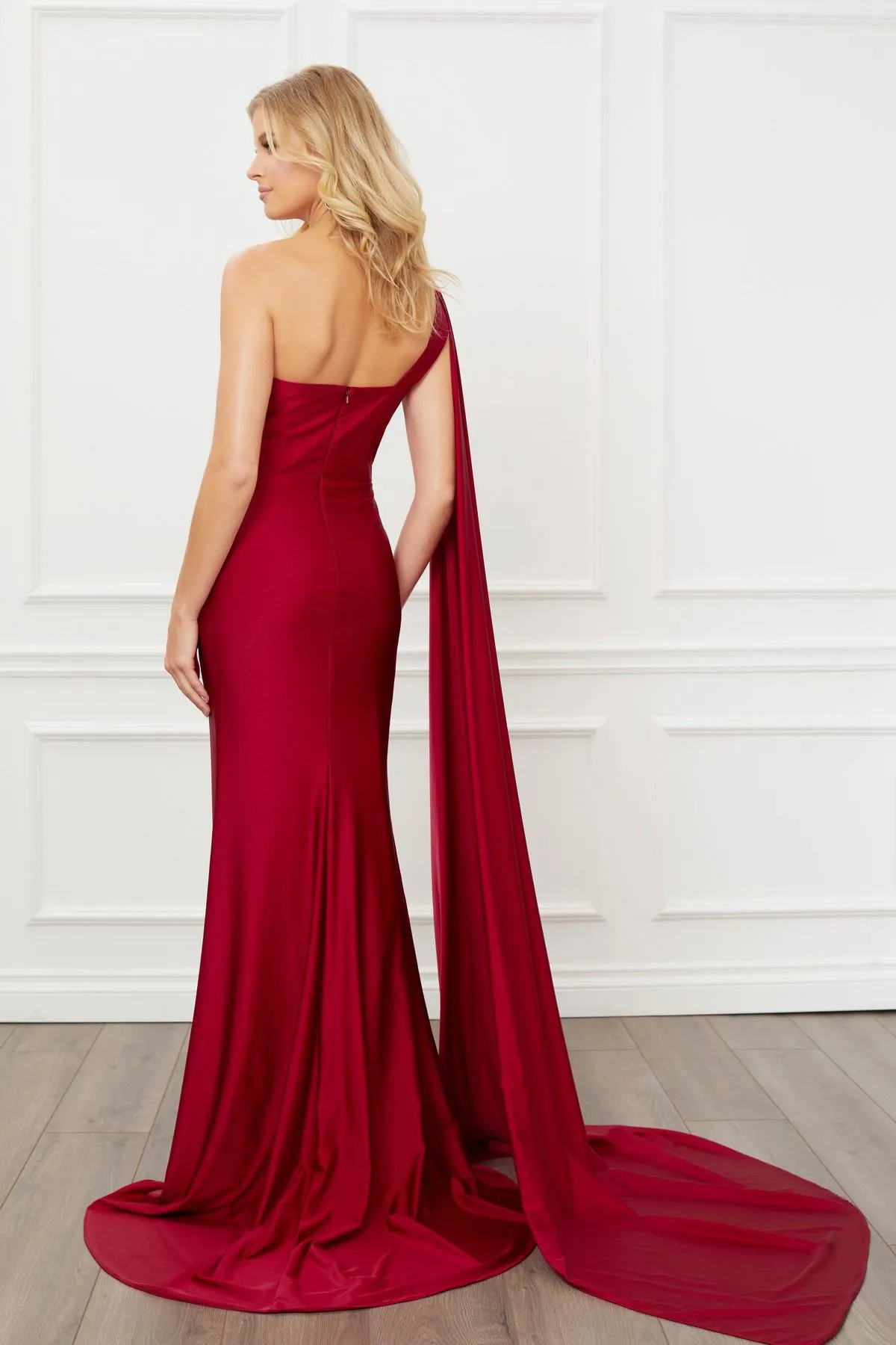 Nox Anabel E475 Long One Shoulder Drape Sleeve Sheath Gown