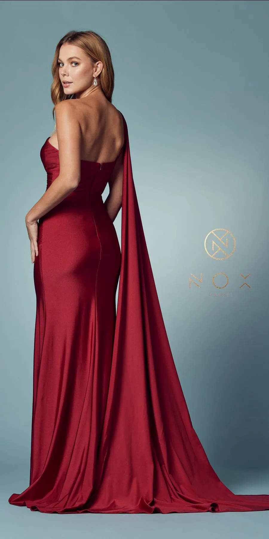 Nox Anabel E475 Long One Shoulder Drape Sleeve Sheath Gown