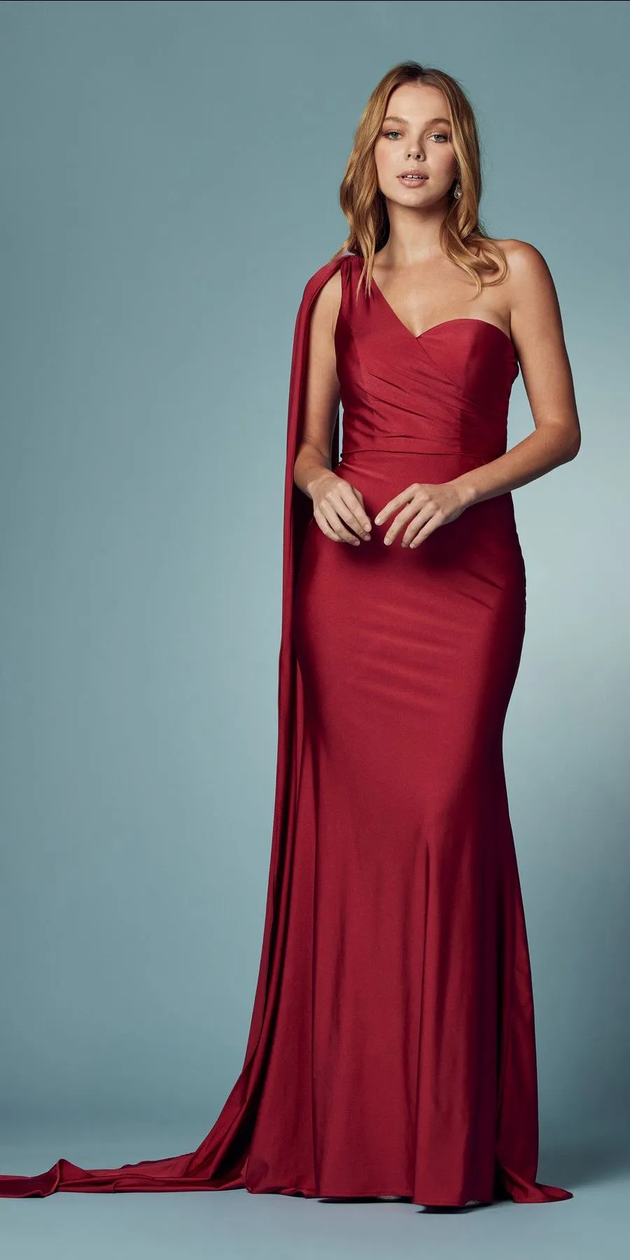 Nox Anabel E475 Long One Shoulder Drape Sleeve Sheath Gown