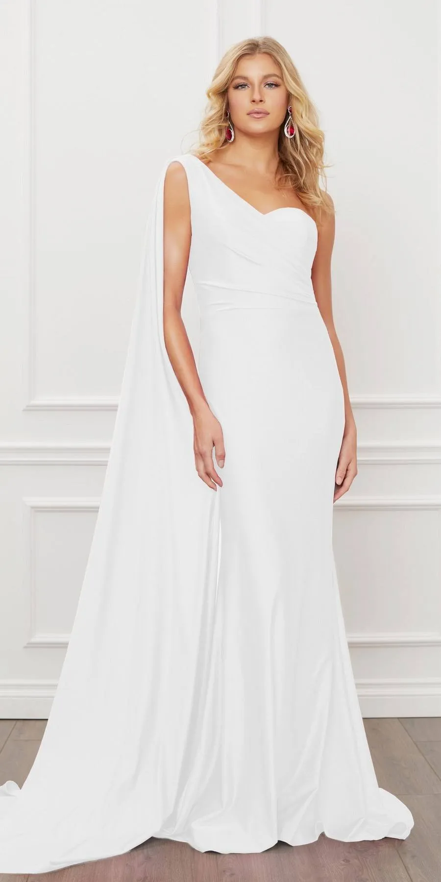 Nox Anabel E475 Long One Shoulder Drape Sleeve Sheath Gown