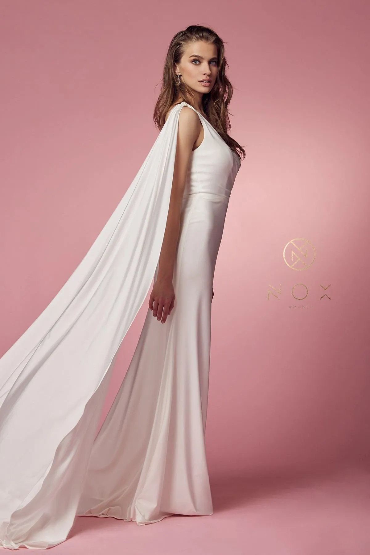Nox Anabel E475W Long One Shoulder Drape Sleeve Sheath Gown