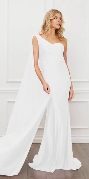 Nox Anabel E475W Long One Shoulder Drape Sleeve Sheath Gown